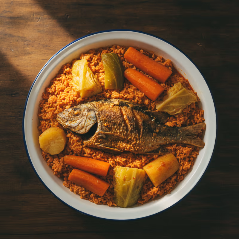 Un thiéboudienne servi dans un plat en émail sur une table en bois